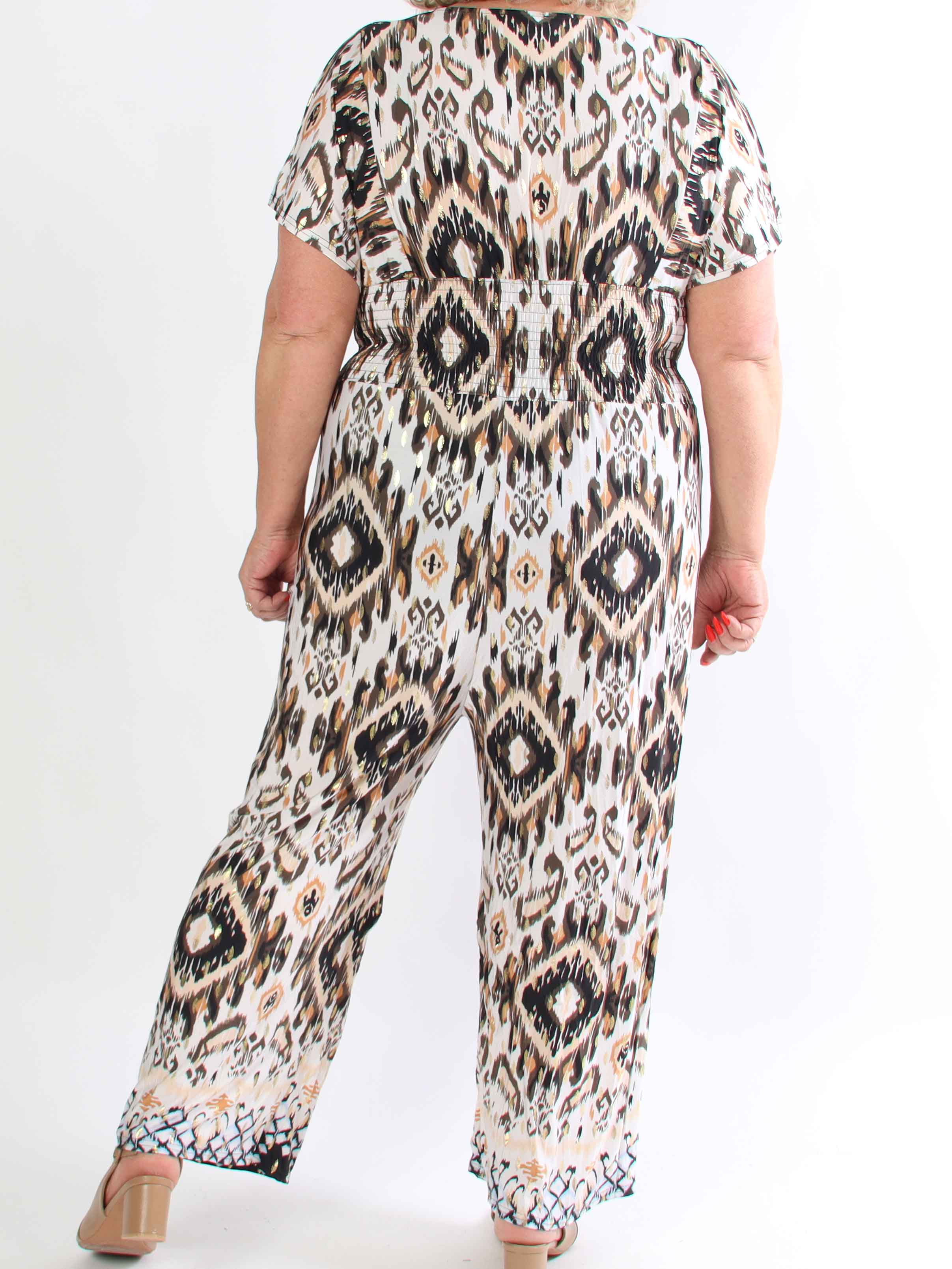Pams Artsy Jumpsuit - Elastisk plus size mønstret buksedragt med guld dutter
